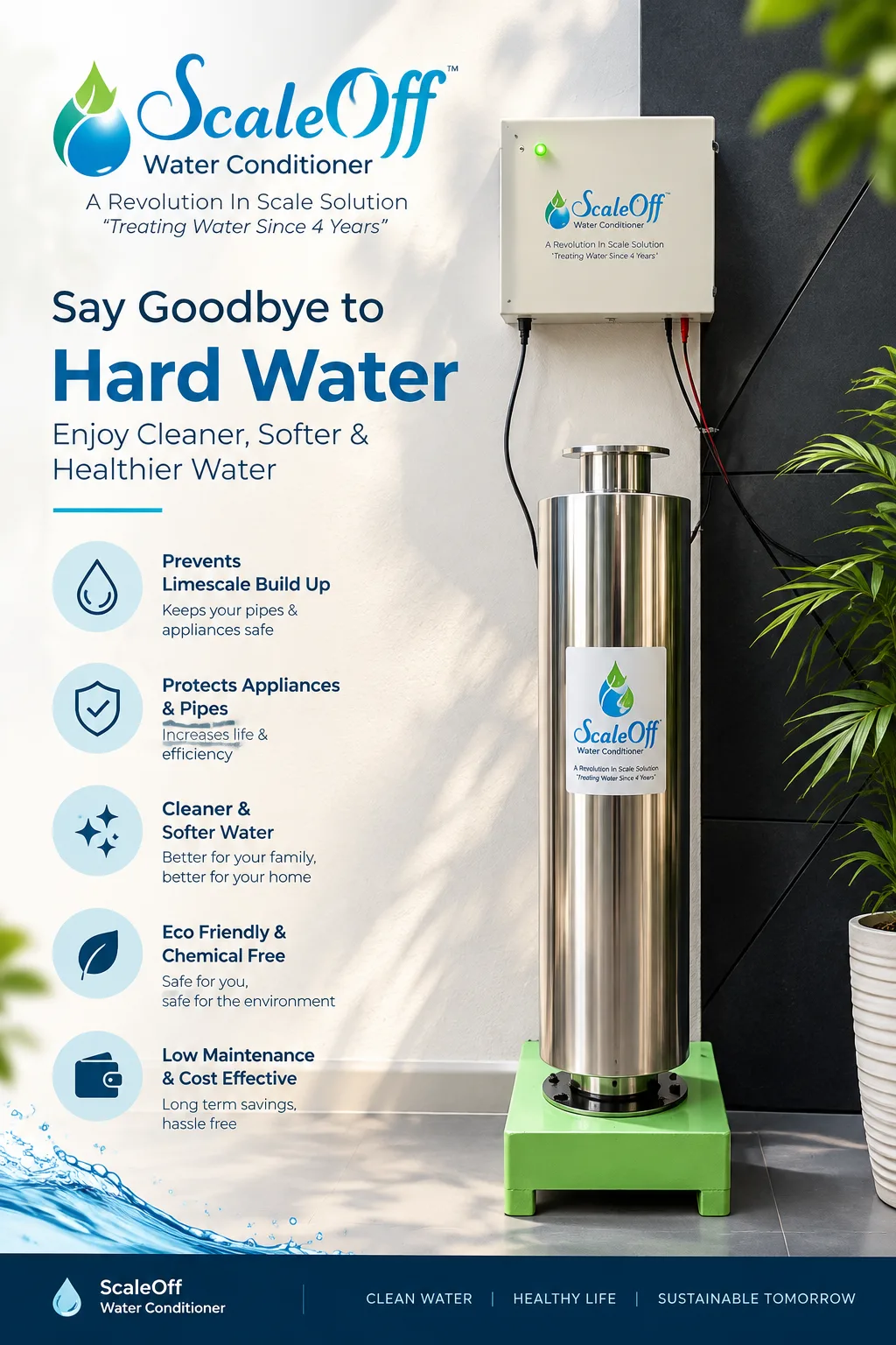 ScaleOff artwork showing a tall stainless steel water conditioner on a green base with its wall mounted control box, alongside the benefits it claims for hard water