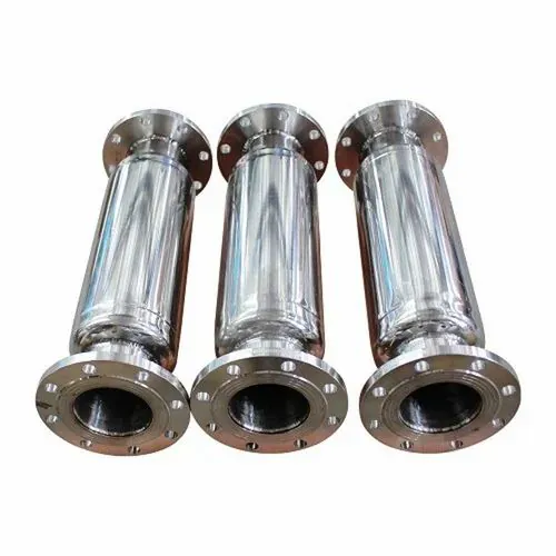 Three polished stainless steel flanged inline non-chemical water treatment units