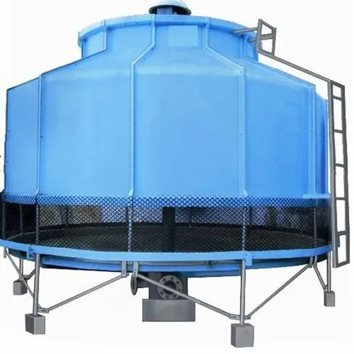 Blue round bottle shape FRP cooling tower on a galvanised steel support frame with access ladder